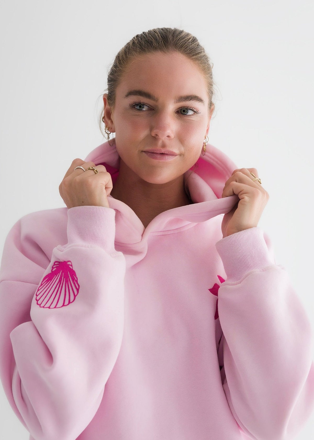 "Hawaii Hibiscus" Hoodie, adjustable drawstring hood and pocket, in Blush - coastal preppy aesthetic beach style by Pink Palm Puff